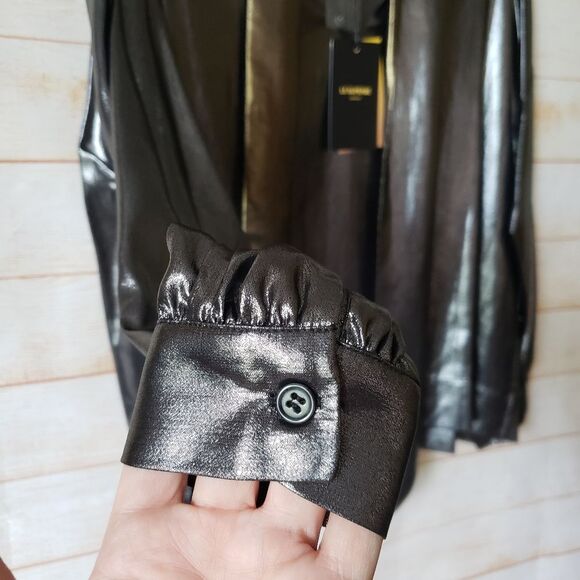 Le Superbe Costes Tie Front Metallic Vintage Gold Pewter Blouse Women's Medium - Picture 7 of 12